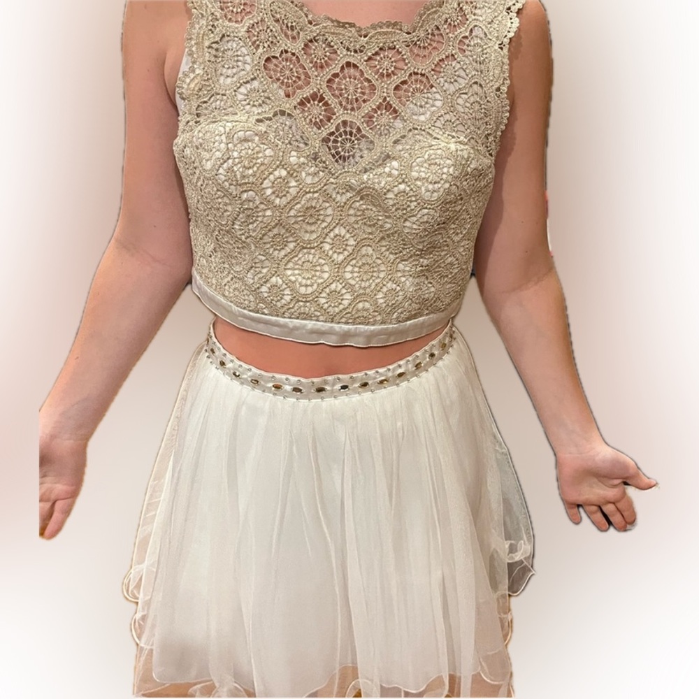 Bling bling formal dress Sequin Hearts Cream & gold Prom Dress with Elegant Lace